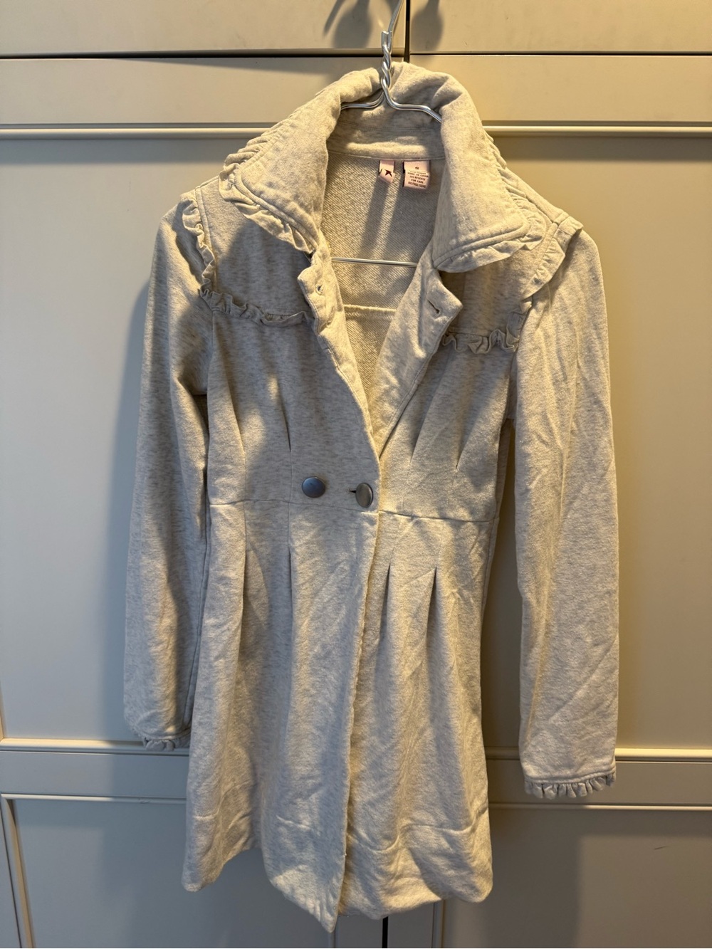 Light Gray Double-Breasted Trench Coat with Ruffle Trim